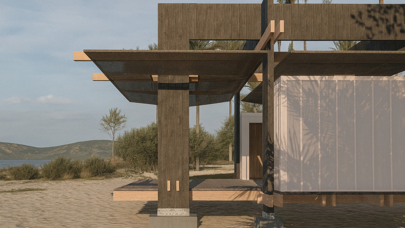 Render de un quiosco modular de madera junto a la costa
